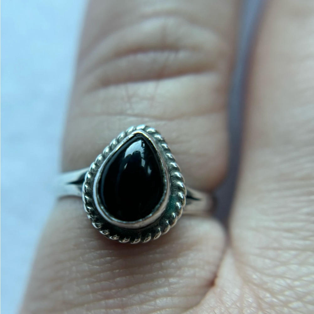 Vintage Sterling Silver Southwestern Onyx Teardrop Bezel Set Ring Size 4.75